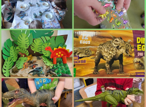 Kolaż przedstawiający dinozaury (eksponaty), odświętnie ubrany stół oraz wystawę dinozaurów.