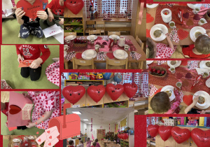 Kolaż przedstawiający rozdawania walentynek dzieciom i walentynkowy obiad.