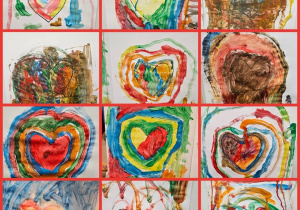 Serca namalowane przez dzieci (kolaż).