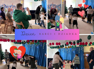 Kolaż przedstawiający zabawy z Babcią i Dziadkiem.